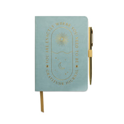 Cultivate a practice of kindness with the Where You Need to Be Gratitude Journal by DesignWorks.  Easily find the time to unwind and reflect with prompts for daily thoughts, goals, and gratitude.  This small journal is easily packed in a carry-on, purse, or backpack to stay on track through trips and travel.  *4.5" x 6.5" Blue Vegan Leather Cover with Foil Art  *196 Guided Interior Pages for Daily Thoughts, Goals, and Gratitude  *Ribbon Marker  *Printed with Soy Ink on Acid-Free Paper