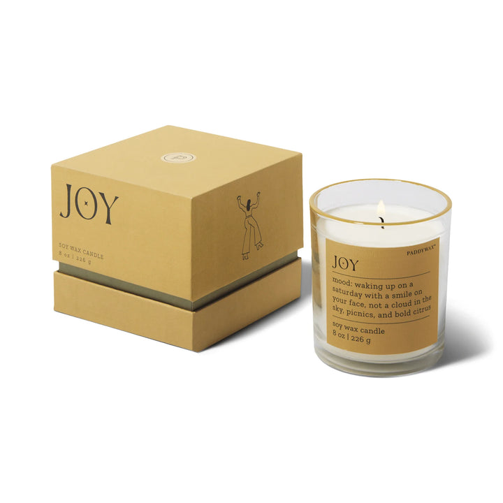 Express yourself with the Misted Lime Joy Mood Candle by Paddywax.  Featuring a Joy mood inspired fragrance description, this 8 oz candle is scented with a complex fragrance blend to evoke a specific slate of being that honours our senses and celebrates our feelings.   Top Notes: Raspberry Blossom, Citrus Lime, Apple Middle Notes: Jasmine, Rose Base Notes: Musk, Oakmoss, Amber  *Size: 8 oz  *100% Soy Wax  *Vessel: Glass  *Dimensions: 3