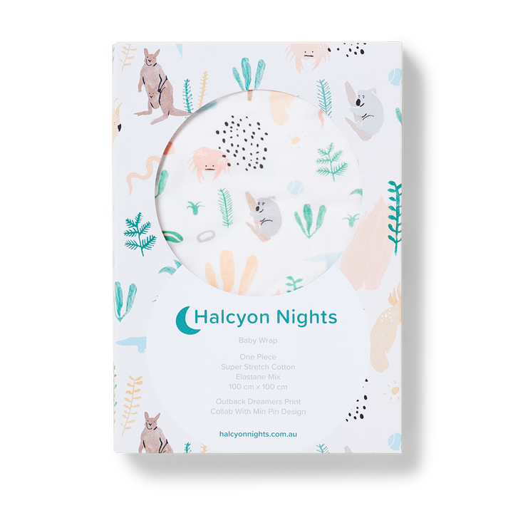 The Outback Dreamers Baby Wrap print by Halcyon Nights is full of native animals, plants and rocks. Made from the softest cotton and covered in this beautiful outback print illustrated by the talented Min Pin.